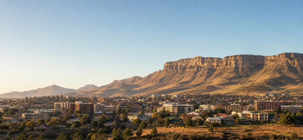 Maseru cityscape and surrounding mountains at sunrise